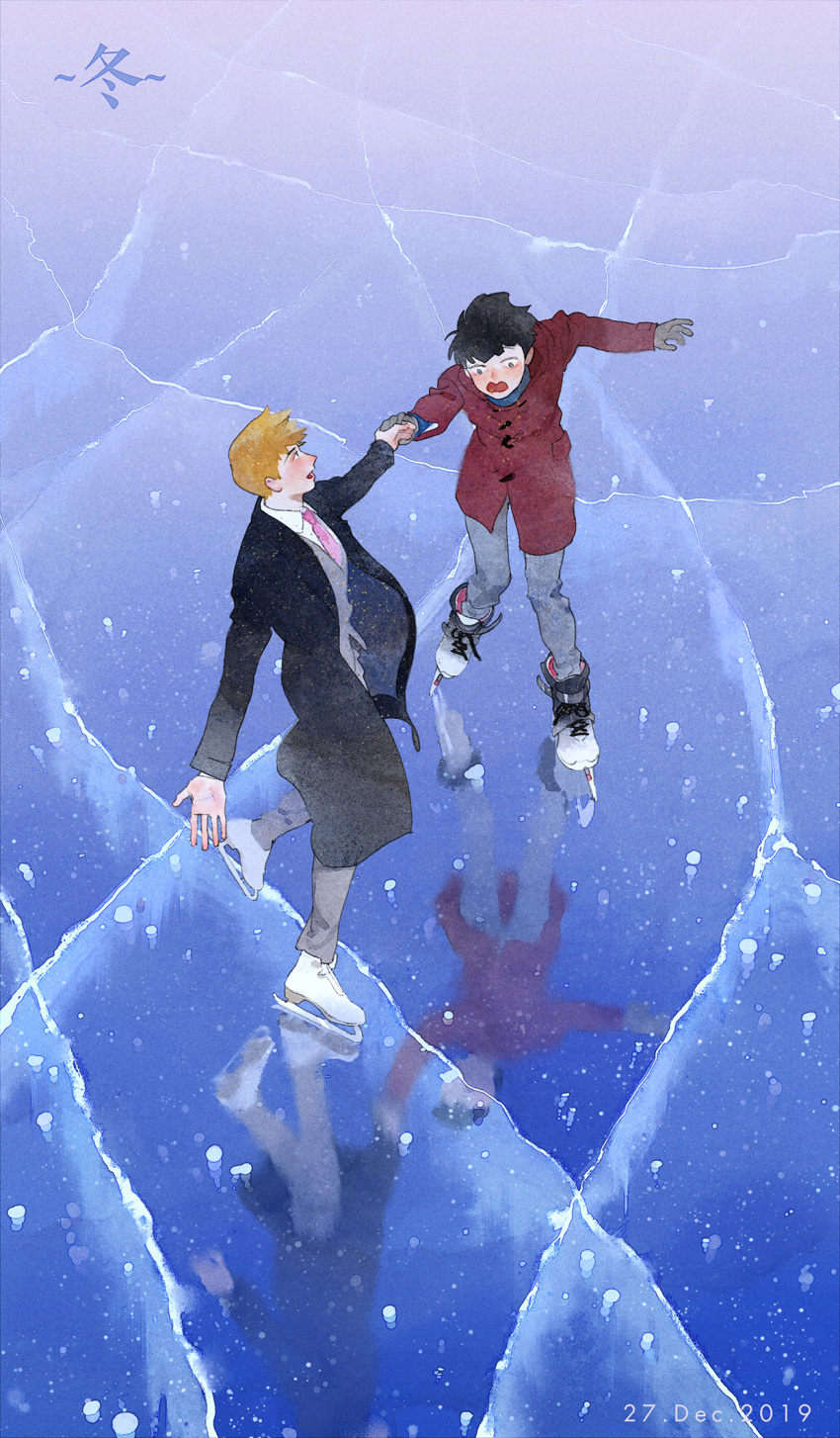 1a79f5as19e 2boys bangs black_coat black_hair blazer blunt_bangs bowl_cut brown_hair coat collared_shirt cross-laced_footwear dated day formal grey_jacket grey_pants highres ice ice_skates ice_skating jacket kageyama_shigeo long_sleeves looking_at_another looking_down looking_to_the_side male_focus mob_psycho_100 multiple_boys necktie outstretched_arms pants pink_necktie red_coat reflection reflective_floor reigen_arataka scared shirt short_hair skates skating snow suit teaching white_footwear white_shirt winter