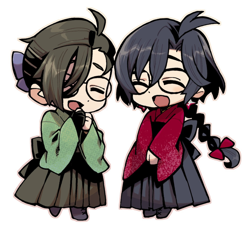 2boys :d ^_^ ahoge antenna_hair back_bow black_footwear black_hair black_hakama boots bow braid chibi closed_eyes constantine_xi_(fate) crossdressing earrings fate/grand_order fate_(series) full_body glasses gloves green_kimono hair_between_eyes hair_bow hair_over_one_eye hair_pulled_back hakama hakama_skirt hand_to_own_mouth highres japanese_clothes jewelry kimono long_hair male_focus meiji_schoolgirl_uniform multiple_boys outline patterned_clothing pink_outline purple_bow red_bow red_kimono simple_background single_braid single_glove skirt smile touma_rui v_arms white_background yamanami_keisuke_(fate)