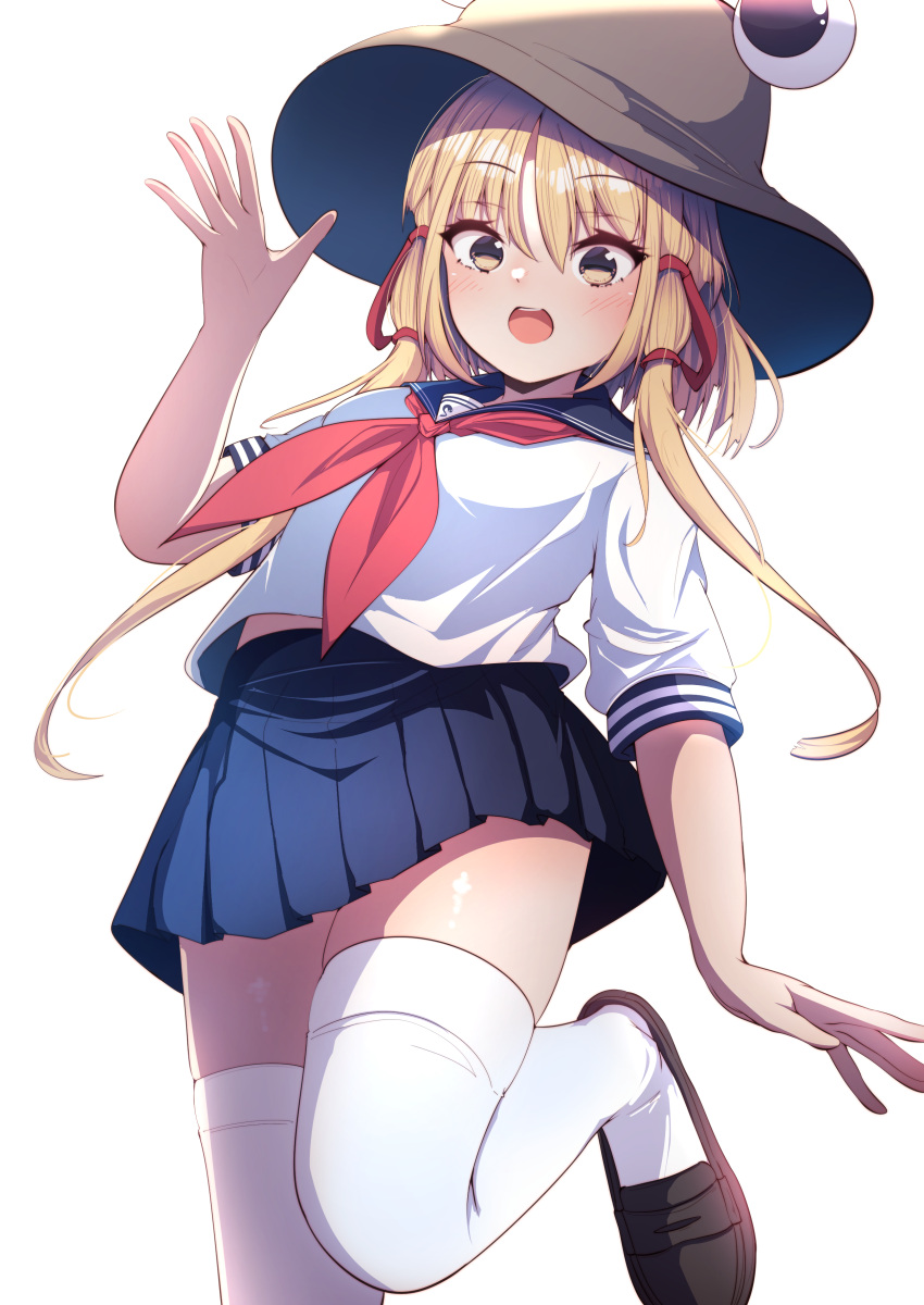 1girl absurdres black_footwear black_sailor_collar black_skirt blonde_hair blush brown_headwear darumoon hair_ribbon hat highres long_hair moriya_suwako neckerchief open_mouth pleated_skirt red_neckerchief red_ribbon ribbon sailor_collar school_uniform serafuku shoes simple_background skirt solo thigh-highs touhou tress_ribbon white_background white_thighhighs yellow_eyes