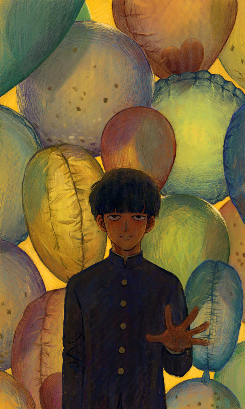 1boy absurdres backlighting balloon bangs black_hair black_jacket blunt_bangs bowl_cut closed_mouth gakuran heart_balloon highres jacket kageyama_shigeo killerningmengxianyu long_sleeves looking_at_viewer male_focus mob_psycho_100 reaching_out school_uniform short_hair smile solo traditional_media upper_body