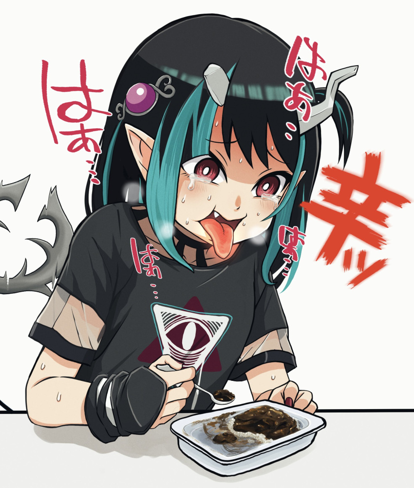 1girl bangs black_hair black_shirt blue_hair blush breasts commentary_request crying crying_with_eyes_open curry demon_girl demon_horns demon_tail eating eye_hair_ornament eye_of_providence fang food highres horns medium_hair multicolored_hair official_alternate_costume open_mouth pointy_ears red_eyes shirt shishio_chris short_sleeves small_breasts solo spicy sugar_lyric sweat table tail tears tengu_nimuru tongue tongue_out two-tone_hair upper_body virtual_youtuber white_background