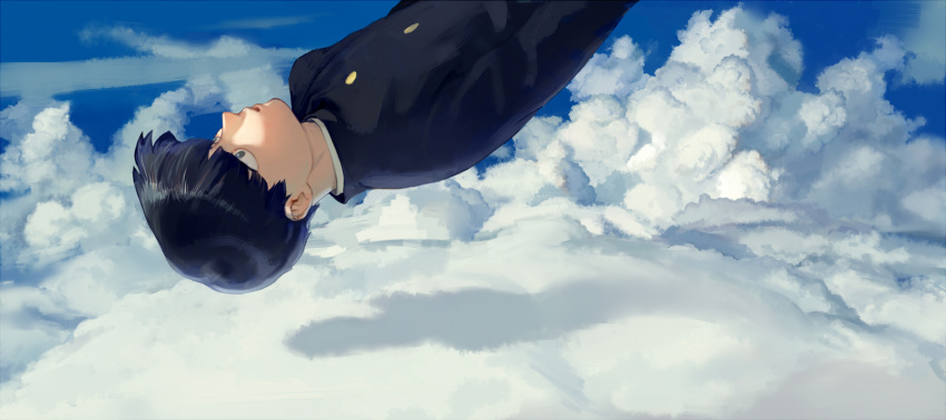 1a79f5as19e 1boy above_clouds arms_at_sides bangs black_hair blue_sky blunt_bangs bowl_cut clouds day falling from_side gakuran highres kageyama_shigeo long_sleeves looking_away looking_up male_focus mob_psycho_100 nature outdoors parted_lips school_uniform shadow short_hair sky sky_focus solo surprised upper_body