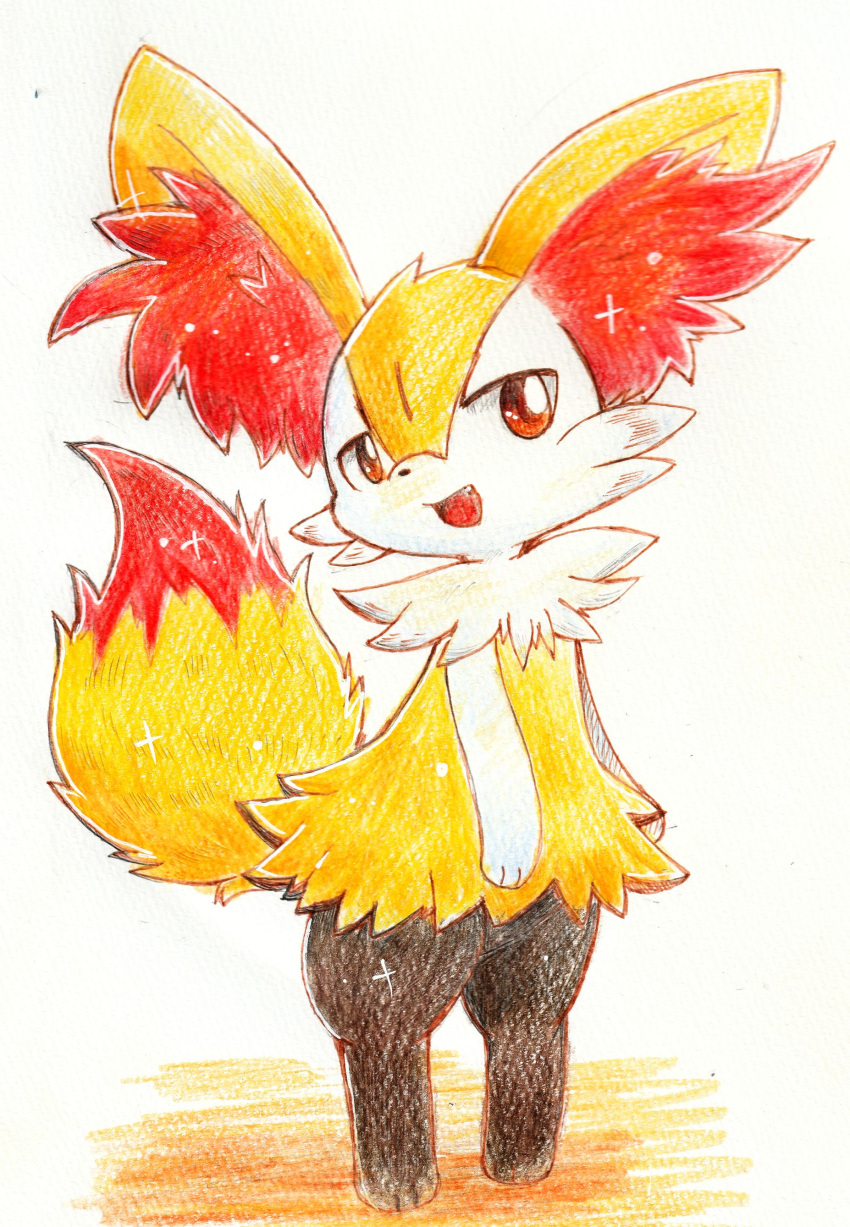 1girl absurdres animal_ear_fluff animal_ears animal_feet animal_hands animal_nose arms_at_sides black_fur body_fur braixen commentary_request fang flat_chest fox_ears fox_girl fox_tail full_body fur_collar furry furry_female happy highres kirin1204 looking_at_viewer multicolored_fur open_mouth partial_commentary pokemon pokemon_(creature) red_eyes simple_background smile snout solo standing tail tail_raised traditional_media white_background white_fur yellow_fur