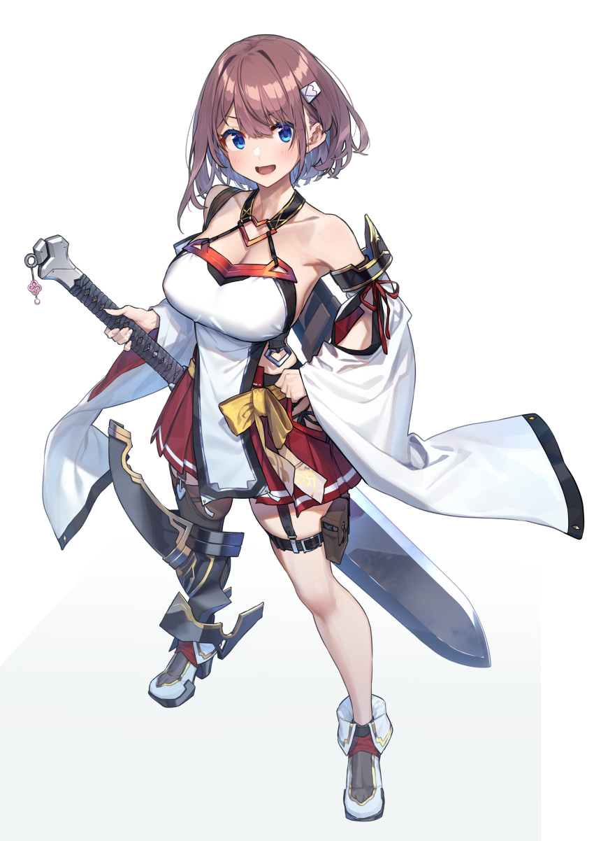 1girl absurdres baffu bare_shoulders blue_eyes breasts brown_hair detached_sleeves from_above full_body greatsword hair_ornament hairclip hand_on_hip highres hitoyo_(baffu) holding holding_sword holding_weapon huge_breasts huge_weapon large_breasts nail_art nail_polish original pleated_skirt short_hair sideless_outfit simple_background single_thighhigh skirt sleeveless solo standing sword thigh-highs thigh_pouch weapon