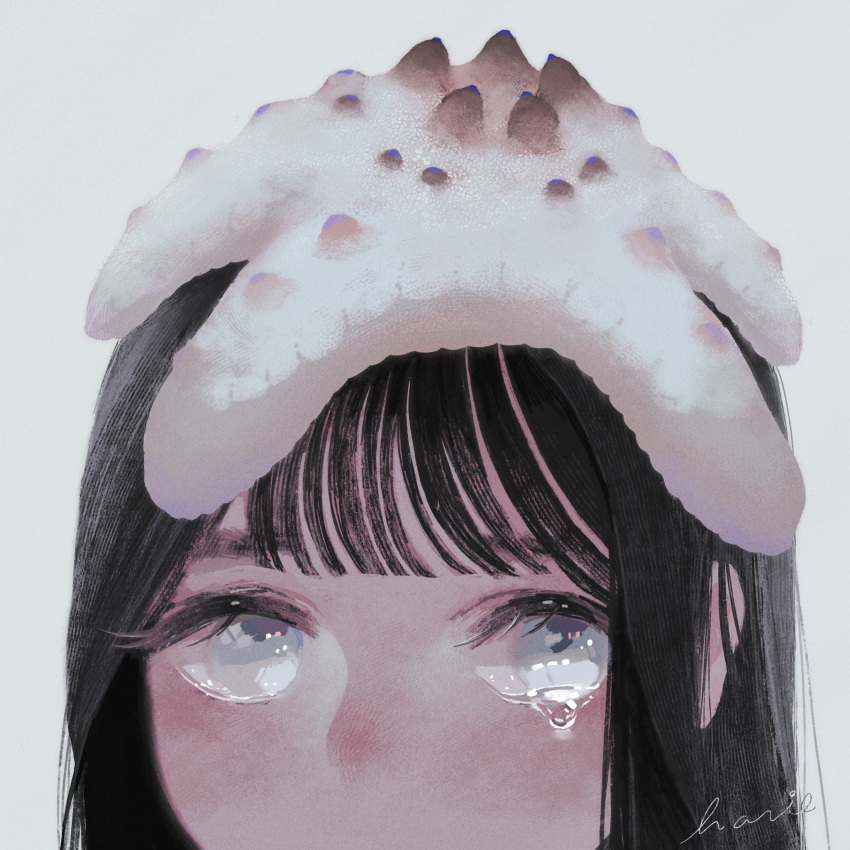 1girl animal_on_head bangs black_hair grey_background grey_eyes hanio3 highres mouth_out_of_frame on_head original signature simple_background solo starfish tears