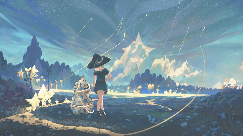 1girl black_dress blonde_hair clouds cork dress floating floating_object from_behind grass hand_on_hip hat highres klegsart light_particles light_trail magic night river sandals short_dress star_(sky) star_(symbol) urn witch witch_hat