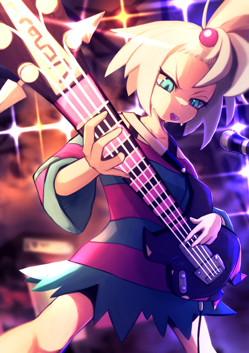 1girl bass_guitar blurry cable collarbone commentary_request dress freckles green_eyes hair_bobbles hair_ornament highres holding holding_instrument instrument mouth_hold plectrum pokemon pokemon_(game) pokemon_bw2 roxie_(pokemon) short_hair solo striped striped_dress topknot two-tone_dress white_hair yottur