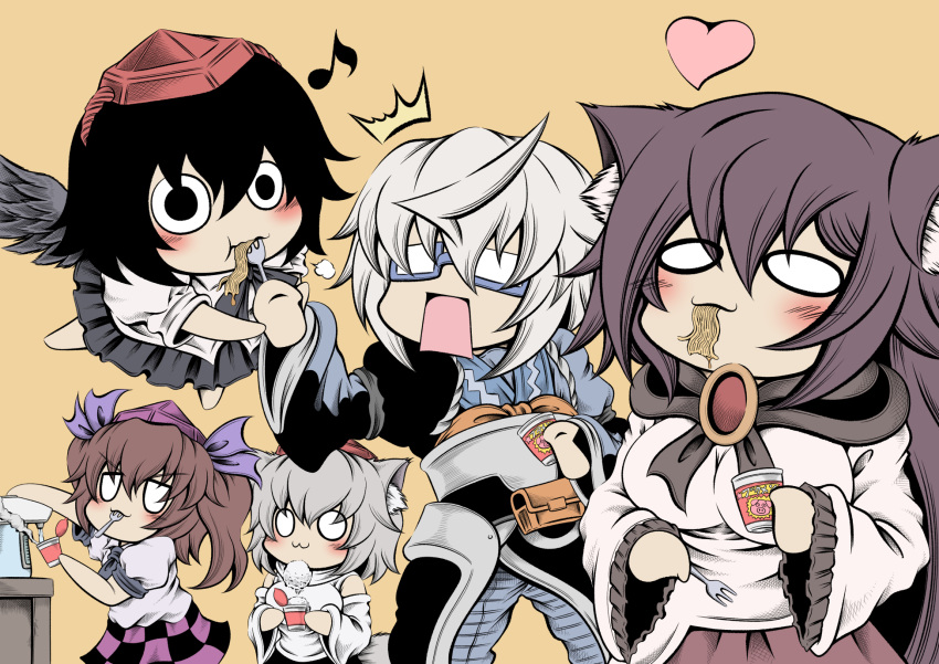 0_0 1boy 3girls :3 ahoge animal_ears black_hair breasts brown_hair chibi commentary_request eating fork glasses grey_hair hat hidefu_kitayan highres himekaidou_hatate imaizumi_kagerou instant_ramen inubashiri_momiji large_breasts long_hair morichika_rinnosuke multiple_girls musical_note open_mouth shameimaru_aya short_hair simple_background skirt touhou twintails wings wolf_ears