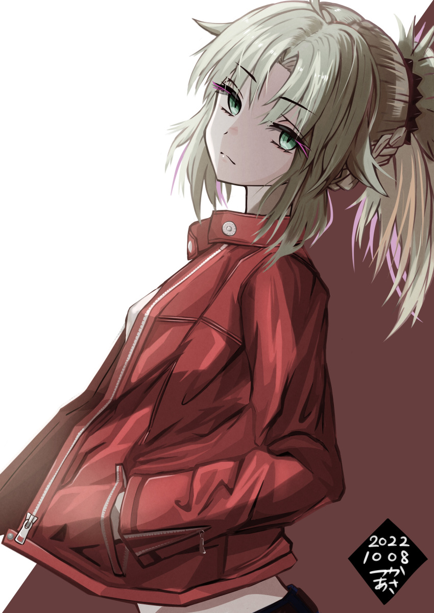 1girl absurdres bangs blonde_hair closed_mouth fate/apocrypha fate/grand_order fate_(series) frown green_eyes hands_in_pockets head_tilt highres jacket long_sleeves looking_at_viewer medium_hair mordred_(fate) mordred_(fate/apocrypha) open_clothes open_jacket red_jacket solo tsukaasa upper_body