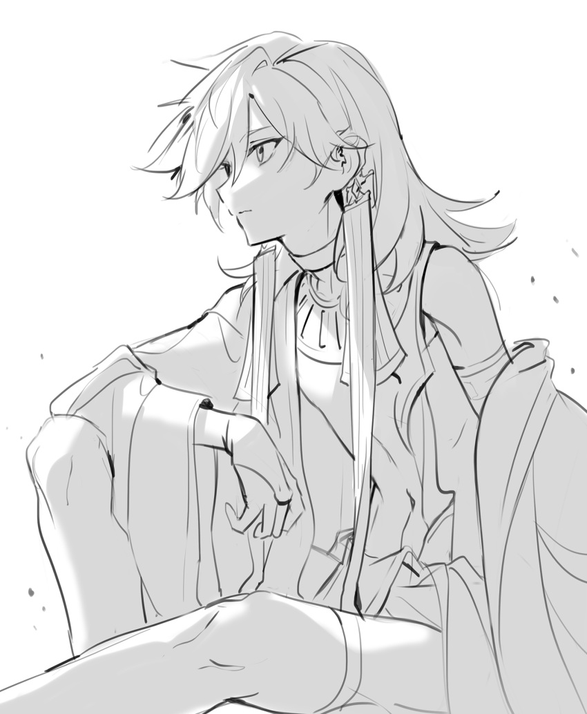 0jae 1boy choker closed_mouth cyno_(genshin_impact) egyptian_clothes english_commentary genshin_impact greyscale hair_between_eyes highres long_hair male_focus monochrome no_headwear simple_background sitting sketch solo thigh_strap wide_sleeves