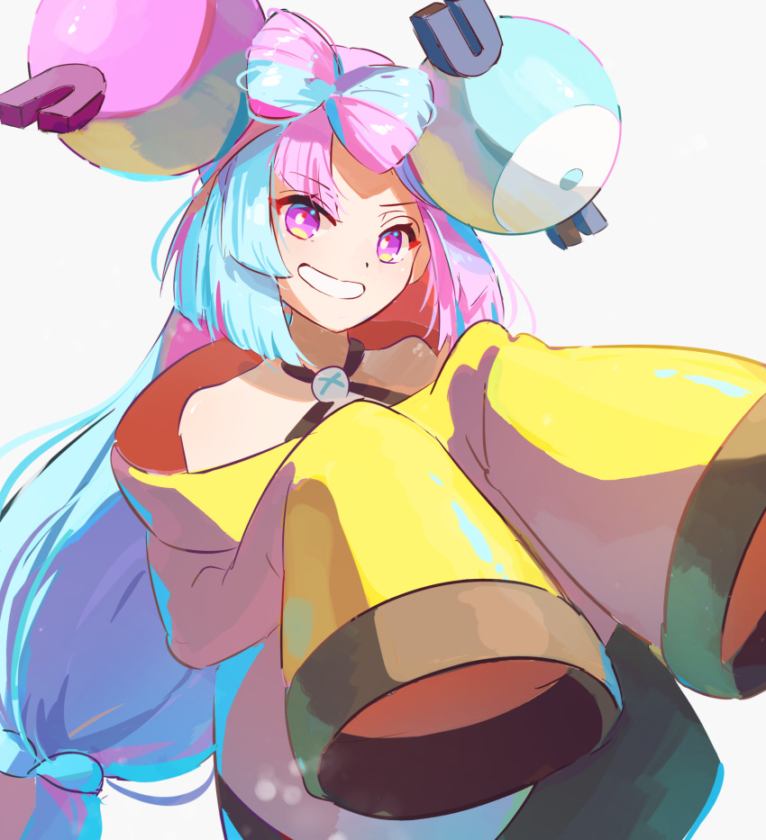 1girl aqua_hair bow-shaped_hair character_hair_ornament hair_ornament highres iono_(pokemon) jacket long_hair multicolored_hair oversized_clothes pink_hair pokemon pokemon_(game) pokemon_sv shirt simple_background sleeveless sleeveless_shirt sleeves_past_wrists solo twintails two-tone_hair very_long_hair white_background yellow_jacket yu_no6767