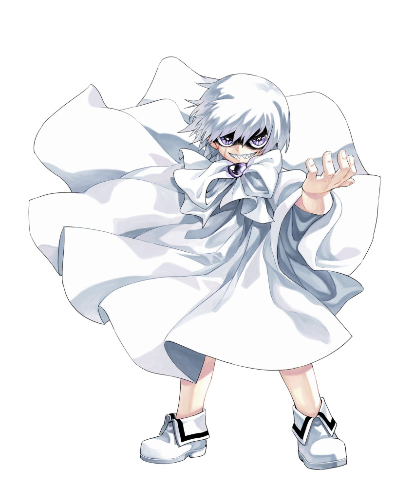 1boy dong_hole evil_smile floating_clothes floating_hair hair_between_eyes highres konjiki_no_gash!! outstretched_arm ribbon shaded_face sharp_teeth shirt short_hair simple_background smile solo teeth violet_eyes white_background white_footwear white_hair white_ribbon white_shirt zeon_bell