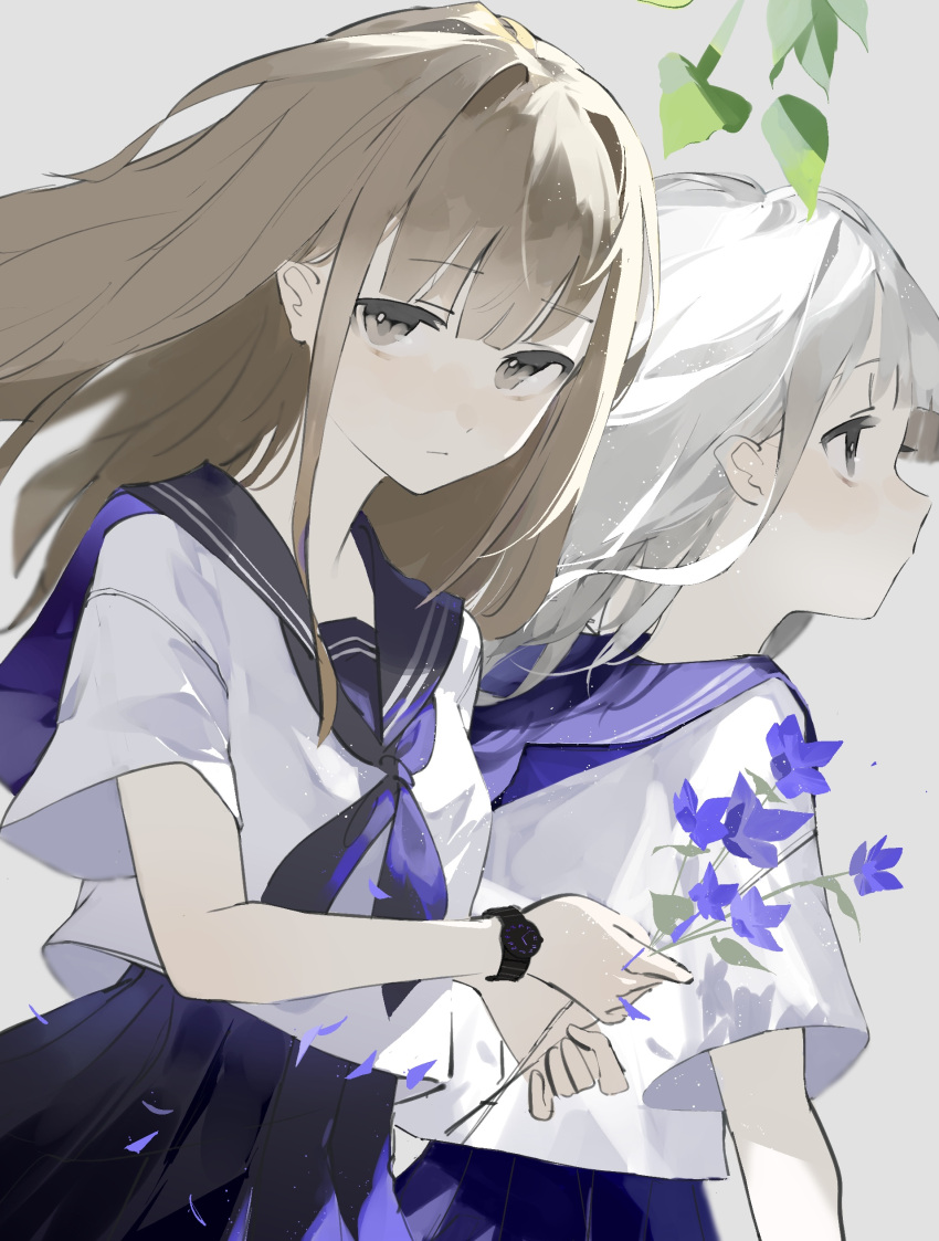 2girls absurdres bangs blue_flower blue_sailor_collar blue_skirt blush breasts brown_eyes brown_hair closed_mouth commentary_request dutch_angle flower grey_background grey_eyes grey_hair hands_up highres holding holding_flower leaf long_hair looking_at_viewer looking_away mo011010 multiple_girls original pleated_skirt sailor_collar school_uniform serafuku shirt simple_background skirt small_breasts uniform upper_body watch white_shirt