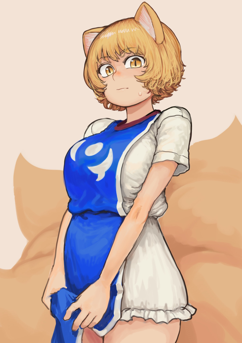 1girl absurdres animal_ears blonde_hair blush breasts chanta_(ayatakaoisii) dress expressionless fox_ears fox_tail highres large_breasts looking_at_viewer multiple_tails no_headwear nose_blush short_hair simple_background slit_pupils solo tabard tail touhou white_dress yakumo_ran