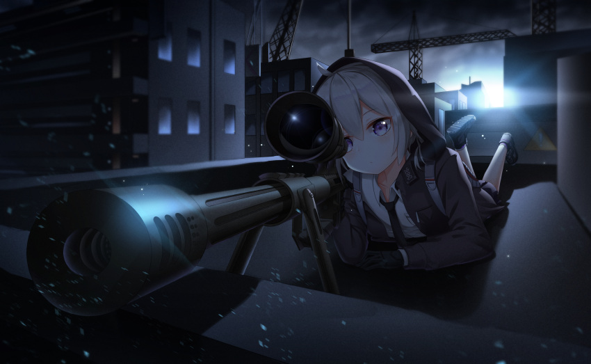 1girl absurdres ahoge bangs black_gloves black_necktie black_skirt bolt_action building cheytac_m200 city cityscape closed_mouth clouds cloudy_sky collared_shirt crane_(machine) girls_frontline gloves gun hair_between_eyes highres holding holding_weapon hood hood_up hooded_jacket jacket leg_up light_rays long_sleeves looking_at_viewer lying m200_(girls'_frontline) necktie on_roof on_stomach open_clothes open_jacket pocket rifle scope shadow shirt shoes sidelocks skirt sky sneakers sniper_rifle solo sunbeam sunlight tiokun7 urban violet_eyes weapon white_shirt