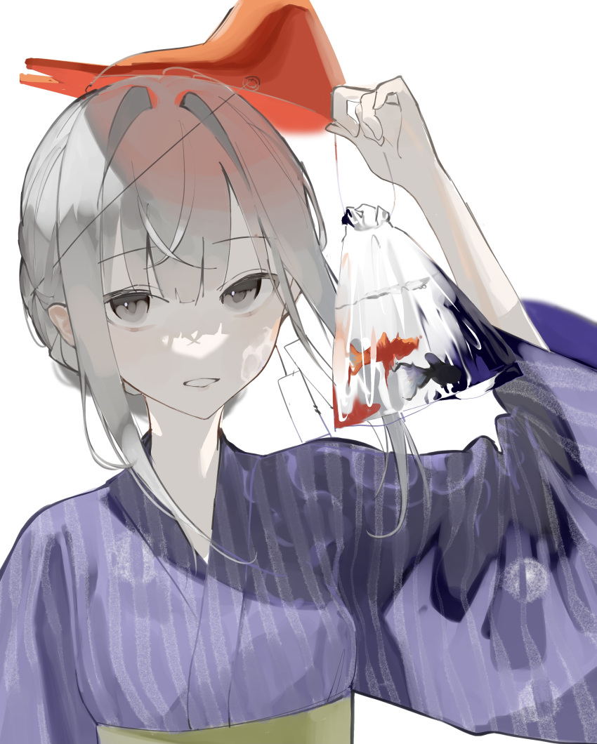 1girl absurdres arm_up bag bangs blush braid breasts caustics commentary fish fox_mask goldfish grey_eyes grey_hair grin hair_bun highres holding japanese_clothes kimono long_hair looking_at_viewer mask mask_on_head mo011010 original parted_lips purple_kimono simple_background small_breasts smile solo striped striped_kimono symbol-only_commentary talisman vertical_stripes water white_background wide_sleeves