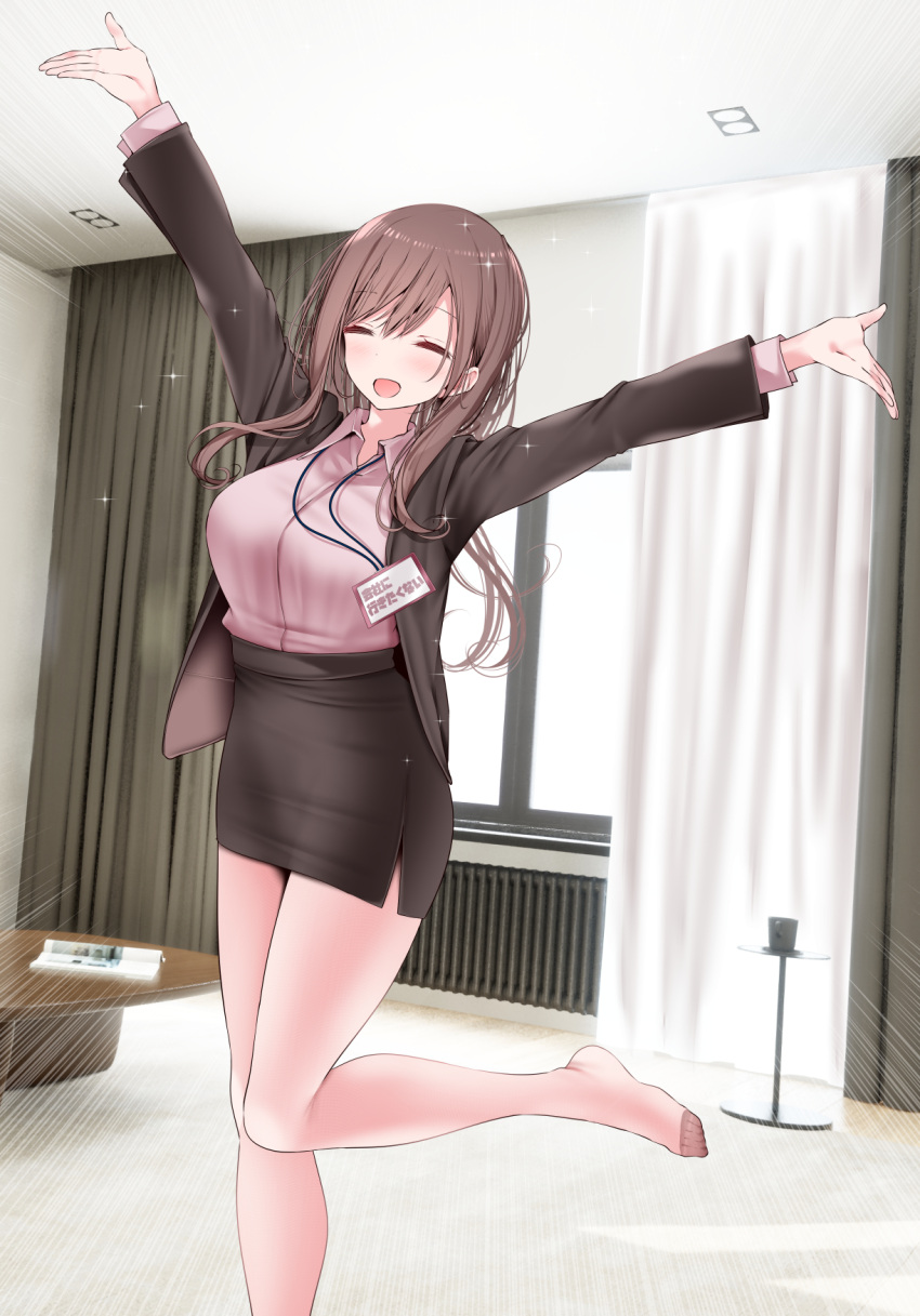 1girl arms_up bangs black_jacket black_skirt blazer blush brown_hair closed_eyes collared_shirt highres indoors jacket leg_up long_hair office_lady ol-chan_(oouso) oouso open_clothes open_jacket open_mouth original pantyhose pencil_skirt pink_pantyhose pink_shirt shirt shirt_tucked_in skirt solo sparkle standing standing_on_one_leg