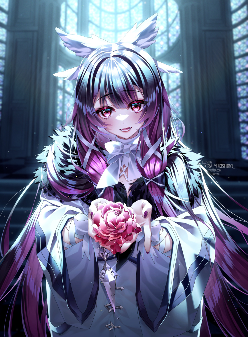 1girl artist_name bangs black_hair church coat columbina_(genshin_impact) commentary dot_nose flower forehead fur-trimmed_coat fur_trim genshin_impact gradient_hair hair_wings head_wings highres holding holding_flower indoors kira_yukishiro long_bangs long_hair long_sleeves looking_at_viewer lower_teeth multicolored_hair nail_polish open_mouth pendulum pink_eyes pixiv_id purple_hair purple_nails solo sparkle streaked_hair teeth twitter_username two-tone_hair upper_body very_long_hair water_drop white_sleeves wide_sleeves