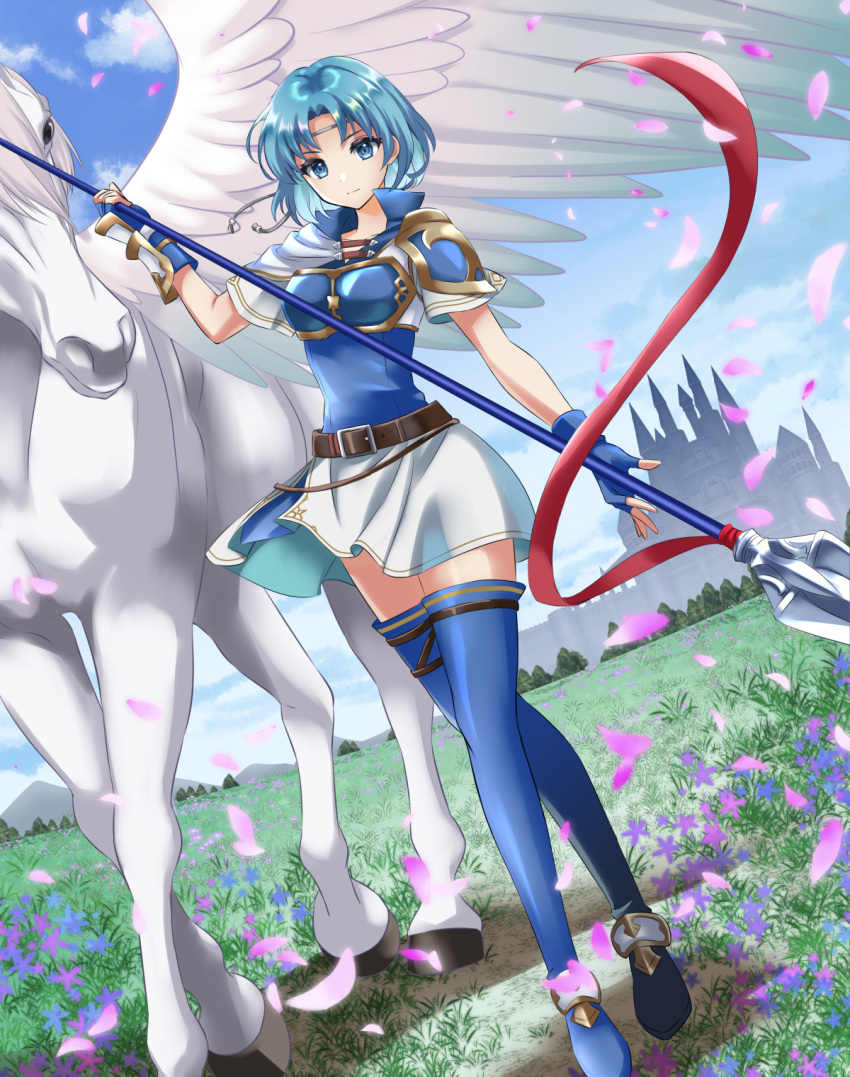 1girl armor blue_eyes blue_gloves blue_hair blue_thighhighs boots breastplate commission dress dutch_angle feathered_wings fingerless_gloves fire_emblem fire_emblem:_the_binding_blade fire_emblem_heroes gloves highres holding holding_polearm holding_weapon horse kakiko210 looking_at_viewer miniskirt pauldrons pegasus pegasus_knight_uniform_(fire_emblem) pegasus_wings polearm short_dress short_hair shoulder_armor skeb_commission skirt solo spear thea_(fire_emblem) thigh-highs thigh_boots weapon white_horse white_skirt wings