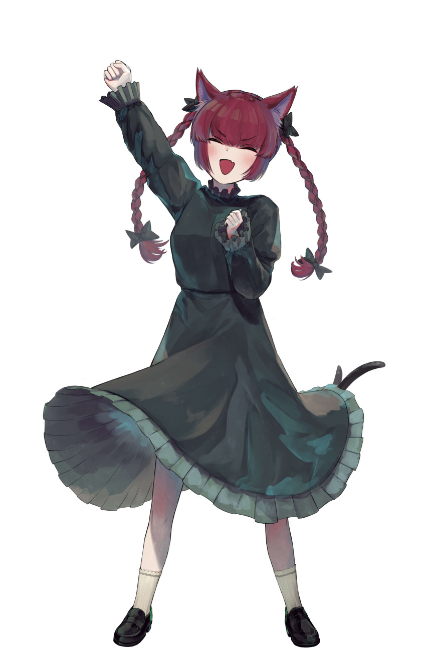 1girl :d absurdres animal_ears arm_up bangs black_footwear blunt_bangs blush bow braid breasts cat_ears cat_tail dress fang full_body green_dress highres kaenbyou_rin kiyonetto medium_breasts multiple_tails nekomata open_mouth paw_pose redhead shoes simple_background skin_fang smile solo tail touhou twin_braids two_tails v-shaped_eyebrows white_background
