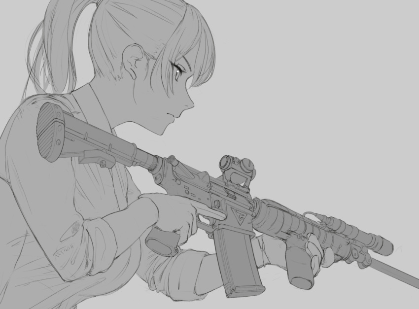 1girl assault_rifle breasts collared_shirt genso gloves grey_background greyscale gun hanna_lancaster_(vtuber) holding holding_weapon indie_virtual_youtuber large_breasts m4_carbine medium_hair monochrome ponytail rifle shirt simple_background solo trigger_discipline upper_body weapon