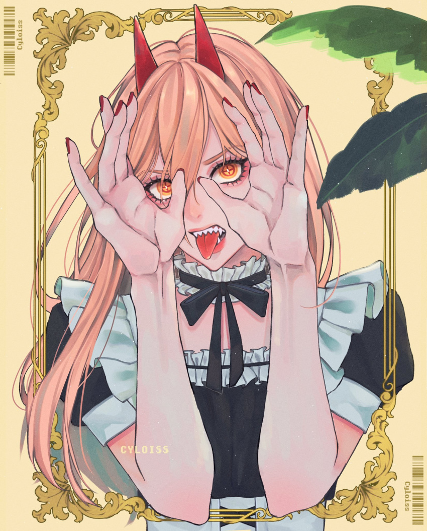 1girl apron bangs barcode chainsaw_man cyloiss demon_horns eyelashes hair_between_eyes hand_up highres horns leaf long_hair maid maid_apron nail nail_polish open_mouth picture_frame pink_hair power_(chainsaw_man) red_nails solo yellow_background yellow_eyes