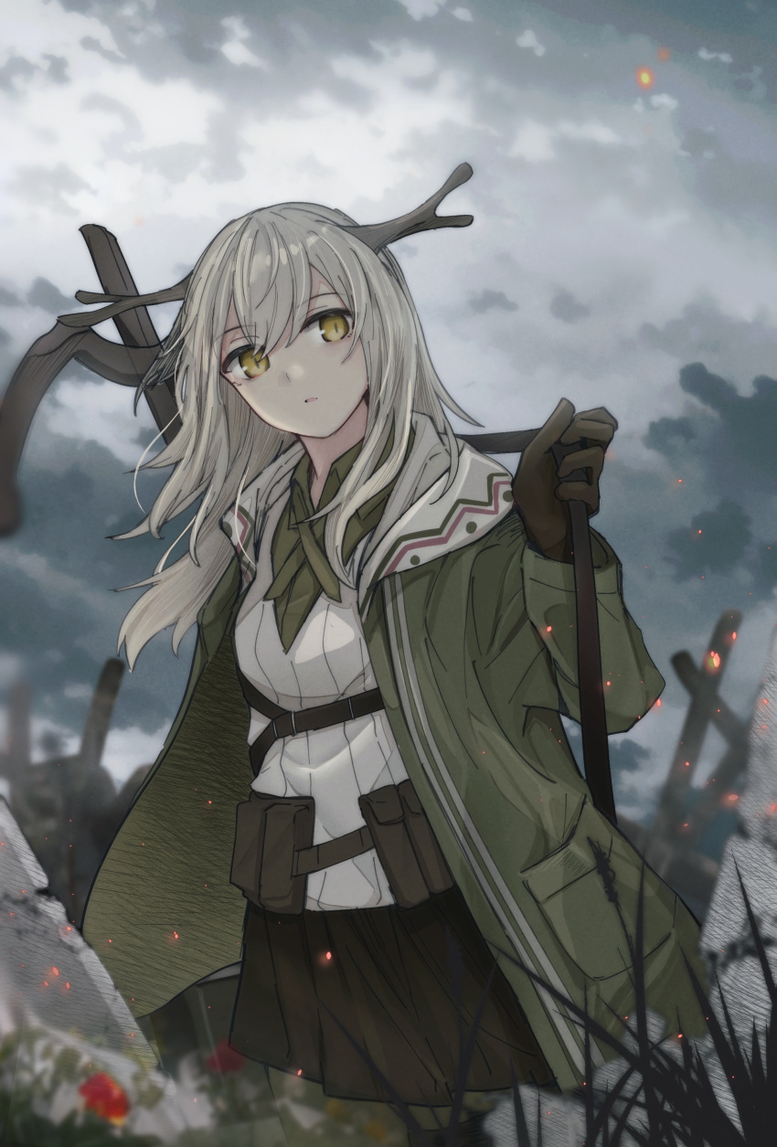 1girl absurdres antlers arknights black_gloves black_skirt clouds cloudy_sky coat cowboy_shot day firewatch_(arknights) gloves green_coat grey_hair highres long_hair long_sleeves looking_at_viewer miniskirt open_clothes open_coat outdoors parted_lips ruins sasahara_(shou_goi) shirt skirt sky solo weapon weapon_on_back white_shirt yellow_eyes