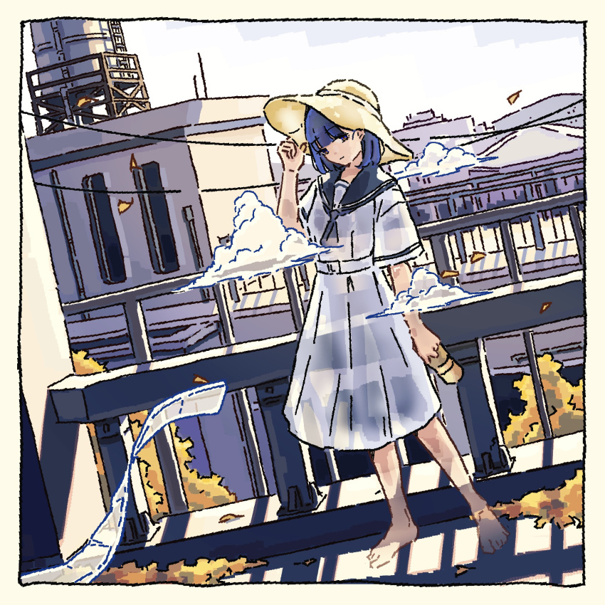1girl autumn_leaves blue_hair building clouds ghost hat highres holding holding_clothes holding_footwear ogistation outdoors power_lines railing sandals sandals_removed scenery shadow shirt skirt solo straw_hat sun_hat transparent white_shirt white_skirt