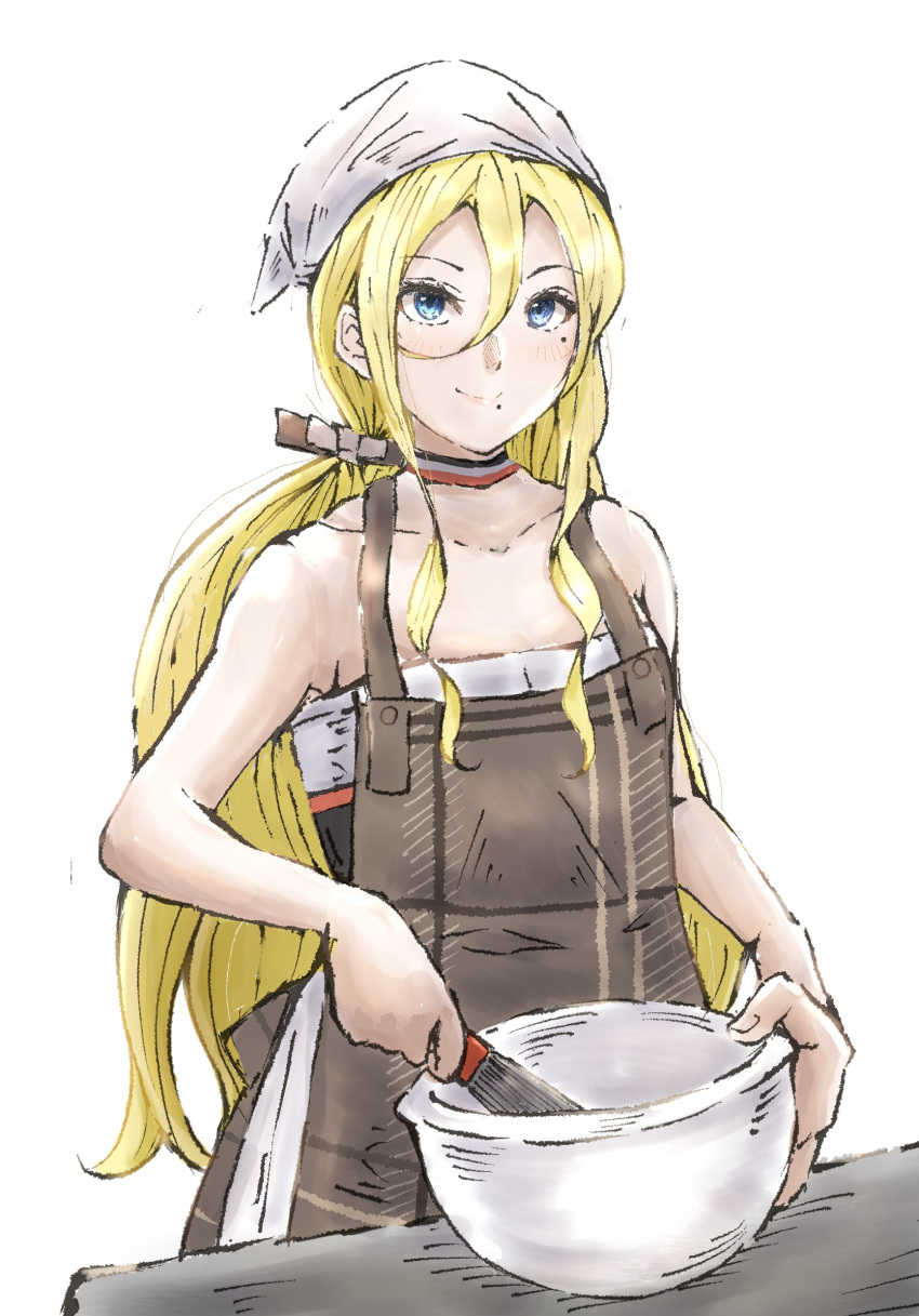 1girl apron bandana blonde_hair blue_eyes bowl brown_apron choker commentary_request counter cowboy_shot dress hair_between_eyes highres kantai_collection ld_(luna_dial398) long_hair looking_at_viewer low_ponytail mole mole_under_eye mole_under_mouth one-hour_drawing_challenge richelieu_(kancolle) simple_background solo strapless strapless_dress two-tone_dress whisk white_background