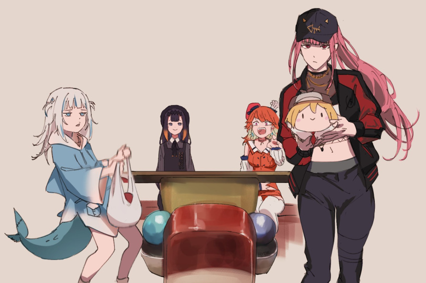 5girls ball bowling bowling_ball chainsaw_man fish_tail gawr_gura hat highres hololive hololive_english hyde_(tabakko) jacket mori_calliope multiple_girls ninomae_ina'nis official_alternate_costume parody pink_hair shark_tail simple_background smol_ame tail takanashi_kiara the_big_lebowski virtual_youtuber watson_amelia