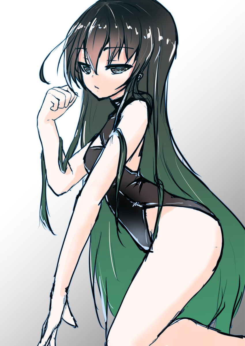 1girl bangs black_eyes black_hair character_request copyright_request gradient gradient_background grey_background hair_between_eyes highres long_hair pelvic_curtain side_slit solo tagme une une_back