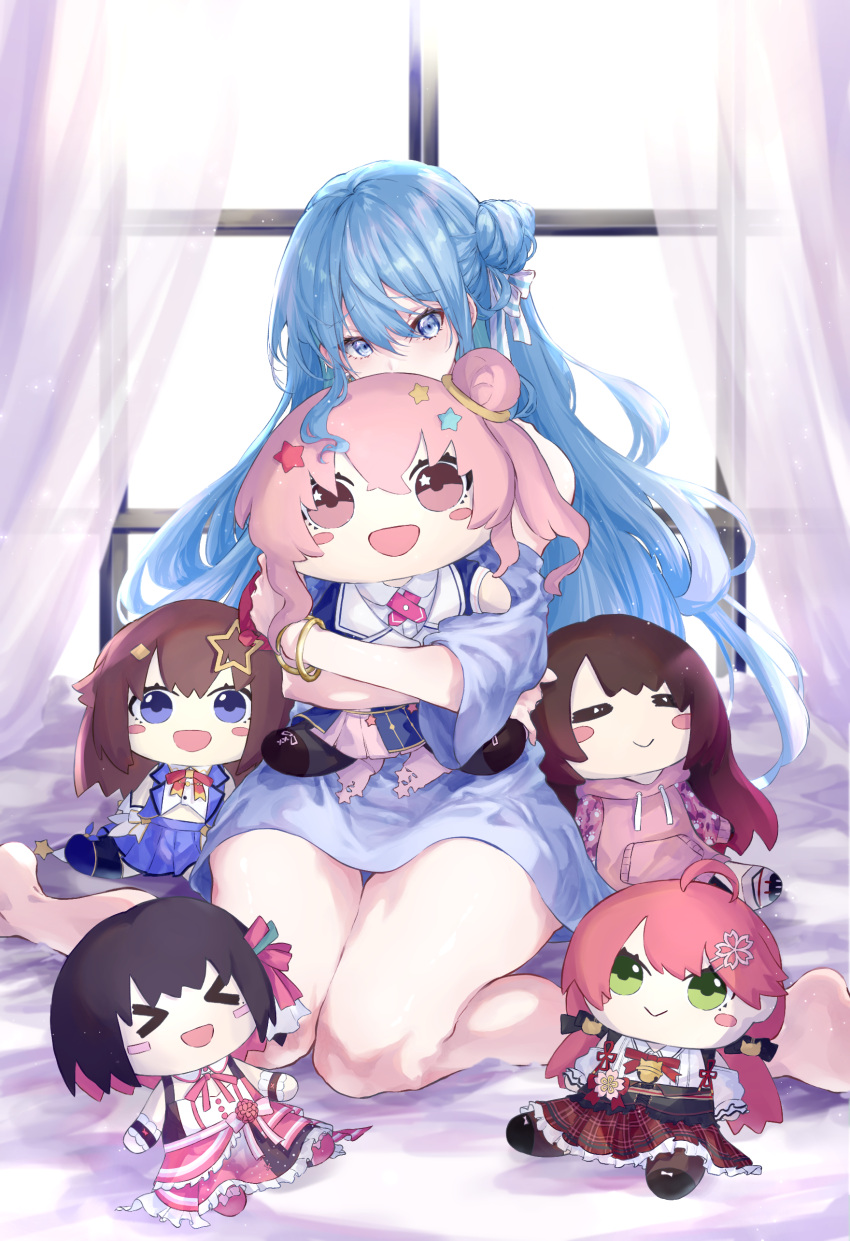 1girl absurdres asahi_tsujino bare_shoulders blue_eyes blue_hair blush covered_mouth hair_between_eyes hair_ornament highres holding hololive hoshimachi_suisei long_hair looking_at_viewer star_(symbol) star_in_eye stuffed_toy symbol_in_eye virtual_youtuber