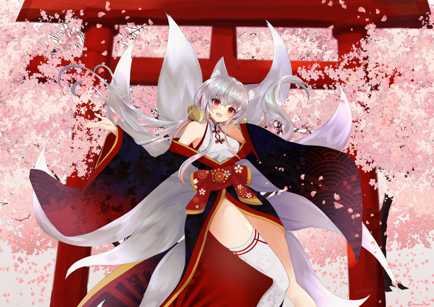 1girl absurdres animal_ear_fluff animal_ears bangs cherry_blossoms fox_ears fox_girl fox_tail highres japanese_clothes kimono looking_at_viewer multiple_tails obi open_mouth original red_eyes sash shirokumo_kuromu single_sock smile socks solo tail torii white_hair wide_sleeves