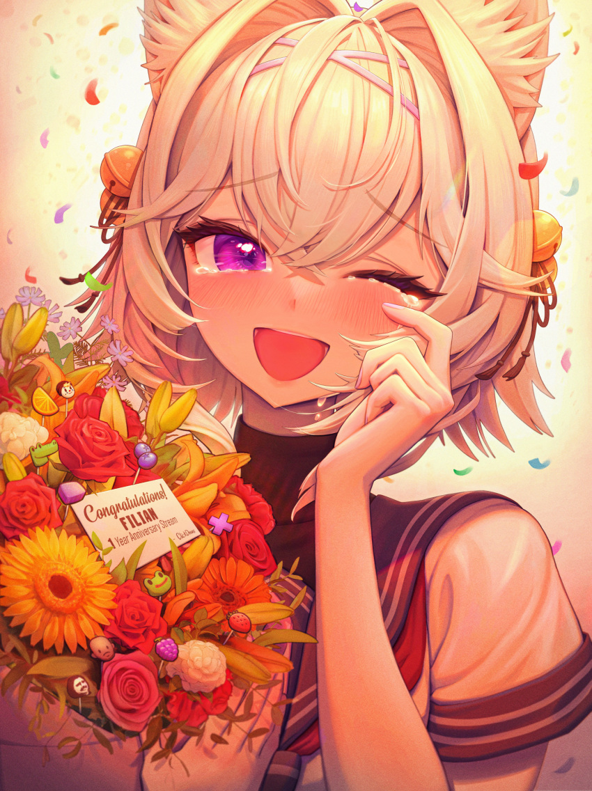 1girl :d animal_ear_fluff animal_ears anniversary artist_name bangs bell blue_sailor_collar blush bouquet cat_ears cat_girl character_name clickdraws commentary confetti congratulations crossed_bangs crying curled_fingers english_commentary eyelashes filian_(vtuber) film_grain flower hair_bell hair_between_eyes hair_intakes hair_ornament hairband half-closed_eyes hand_on_own_face hand_up happy_tears high_collar highres holding holding_bouquet indie_virtual_youtuber jingle_bell looking_at_viewer neckerchief nose_blush one_eye_closed red_flower red_neckerchief sailor_collar school_uniform serafuku short_hair short_sleeves smile solo tears tongue upper_body violet_eyes virtual_youtuber white_hair white_serafuku wiping_tears yellow_background yellow_flower