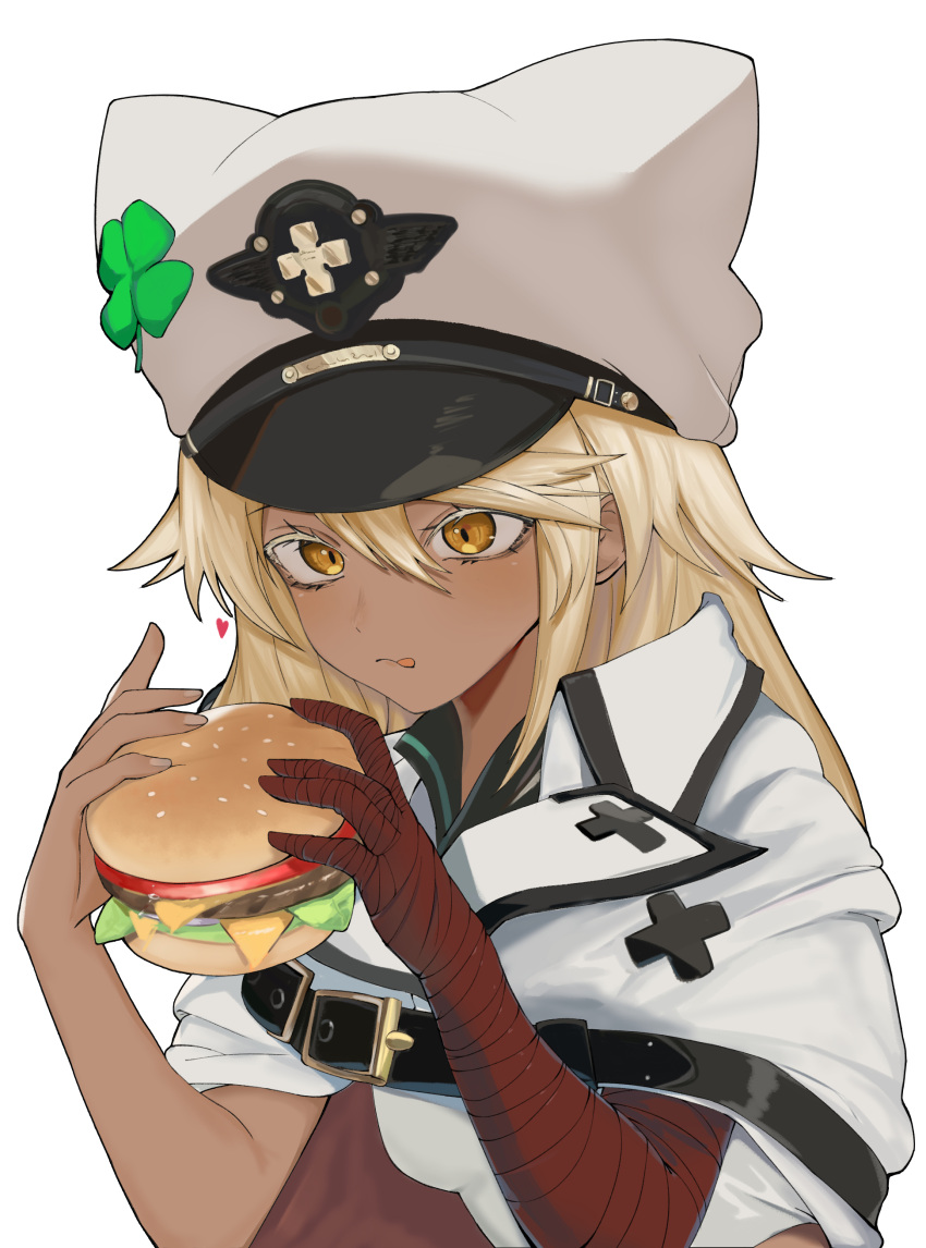 1girl :p absurdres bandaged_arm bandaged_hand bandages bangs blonde_hair blush breasts burger clover dark-skinned_female dark_skin food guilty_gear guilty_gear_xrd hair_between_eyes hat heart highres holding holding_food long_hair medium_breasts orange_eyes ramlethal_valentine ran_(bearsoymilk) simple_background solo tongue tongue_out upper_body white_background white_headwear