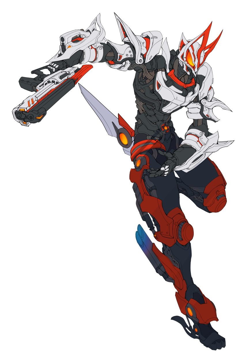 1boy absurdres animal_ears armor armored_boots boots catball1994 desire_driver exhaust_pipe fox_ears full_body gauntlets glowing glowing_eyes gun helm helmet highres holding holding_gun holding_weapon kamen_rider kamen_rider_geats kamen_rider_geats_(series) magnum_boost magnum_shooter_40x orange_armor solo tokusatsu weapon white_armor white_background