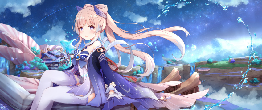 1girl bangs blue_bow blue_bowtie blue_hair blue_sky blush bow bow-shaped_hair bowtie building clam_shell cliff clouds commentary_request feet_out_of_frame fish frilled_sleeves frills genshin_impact gloves gradient_hair half_gloves highres long_hair looking_at_viewer multicolored_hair outdoors pink_hair sangonomiya_kokomi shooting_star sitting sky smile solo thigh-highs tree tutsucha_illust violet_eyes vision_(genshin_impact) water_drop white_gloves white_thighhighs wide_sleeves