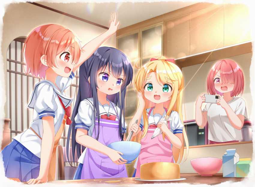 baking black_hair blonde_hair green_eyes highres himesaka_noa hoshino_hinata hoshino_miyako_(wataten) kitchen long_hair orange_eyes orange_hair painter-lhb pink_eyes pink_hair school_uniform shirosaki_hana short_hair siblings sisters watashi_ni_tenshi_ga_maiorita! yuri