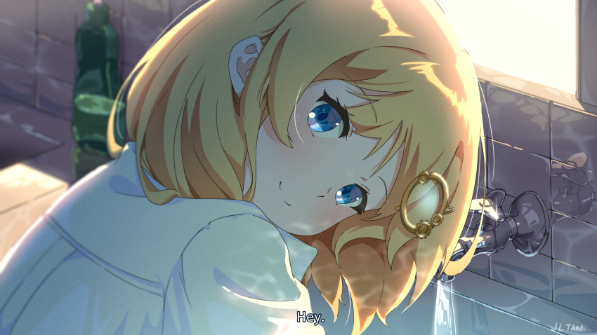 1girl bangs blonde_hair blue_eyes blush english_text faucet hair_ornament highres hololive hololive_english jl_tan long_sleeves looking_at_viewer monocle_hair_ornament shirt sink sky smile solo virtual_youtuber water watson_amelia white_shirt