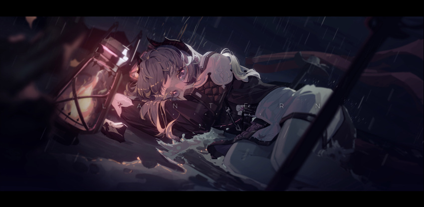 1girl absurdres arknights black_jacket capelet english_text feet_out_of_frame fire flame grey_hair head_wings highres irene_(arknights) jacket lantern letterboxed loftcat long_hair long_sleeves looking_at_viewer lying on_ground on_side pantyhose rain skirt solo violet_eyes white_capelet white_pantyhose white_skirt