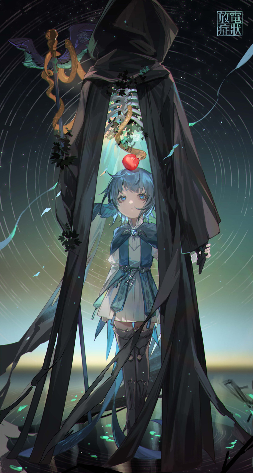 1girl 1other absurdres apple apple_on_head artist_name bangs bird_girl bird_legs bird_tail bird_wings black_robe blue_capelet blue_eyes blue_hair brooch capelet dress feathered_wings final_fantasy final_fantasy_xiv food fruit full_body glint head_wings hermes_(ff14) highres holding holding_hands holding_staff hollow_body hood hood_up hooded_robe jewelry juliet_sleeves leaf long_sleeves looking_up meteion monster_girl object_on_head penzai_fengli puffy_sleeves ribs ripples robe rod_of_asclepius short_hair snake sparkle staff standing tail water white_dress wings