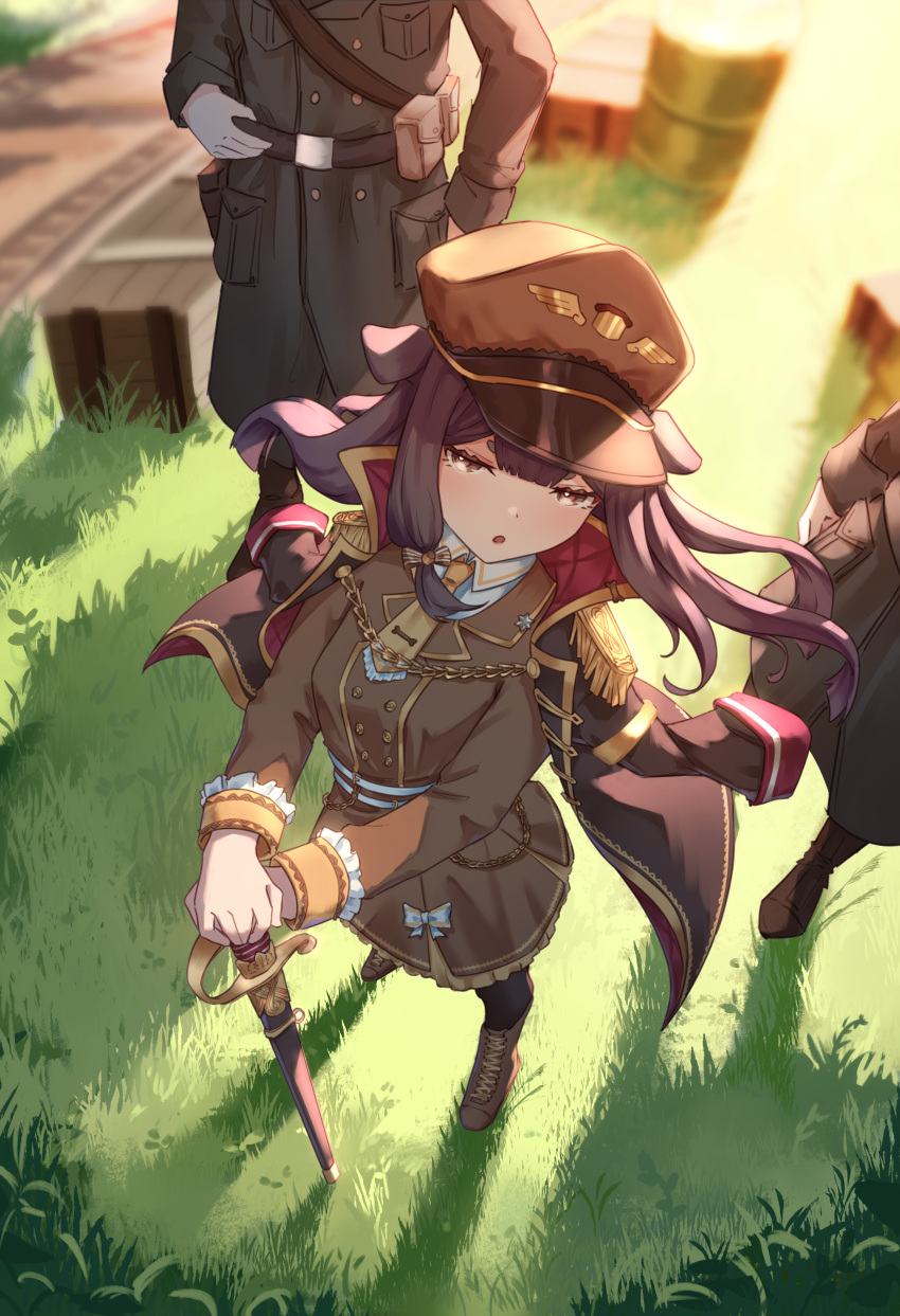 1girl 2boys :o absurdres animal_ears boots brown_eyes brown_footwear brown_hair brown_headwear brown_jacket commission dog_ears dog_girl dress_jacket hat highres holding holding_sword holding_weapon inukai_purin jacket jacket_on_shoulders jl_tan long_hair military military_hat military_uniform multiple_boys necktie open_mouth short_necktie solo_focus sword tsunderia uniform virtual_youtuber weapon