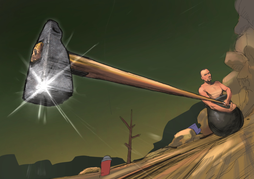 1boy cauldron commentary_request diogenes_(getting_over_it) facial_hair genso getting_over_it hammer in_cauldron muscular muscular_male outdoors rock sky solo sunrise_stance topless_male wide_shot