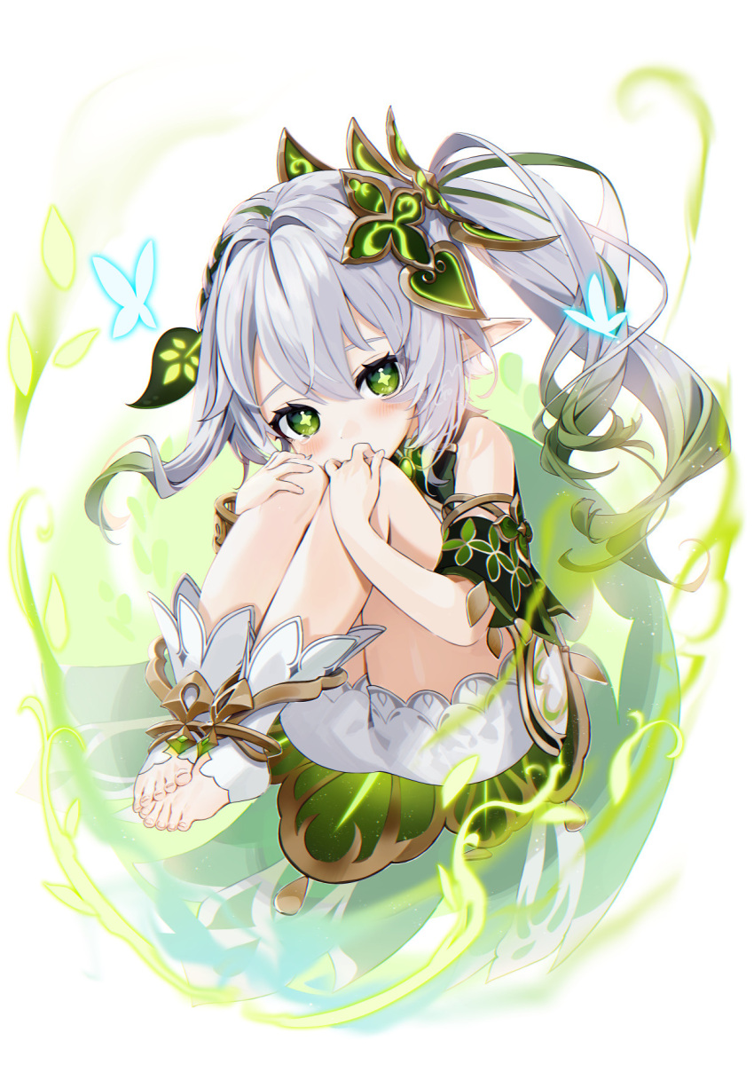 1girl bangs bare_shoulders barefoot blush bug butterfly butterfly_wings commentary_request covering_mouth dress flower flower-shaped_pupils flying gem genshin_impact gotoh510 green_dress green_eyes green_flower green_gemstone grey_hair grey_shorts hair_between_eyes hair_ornament hands_on_own_knees hands_up highres jewelry leaf looking_at_viewer magic nahida_(genshin_impact) off-shoulder_dress off_shoulder pointy_ears ponytail short_sleeves shorts simple_background solo symbol-shaped_pupils white_background wings