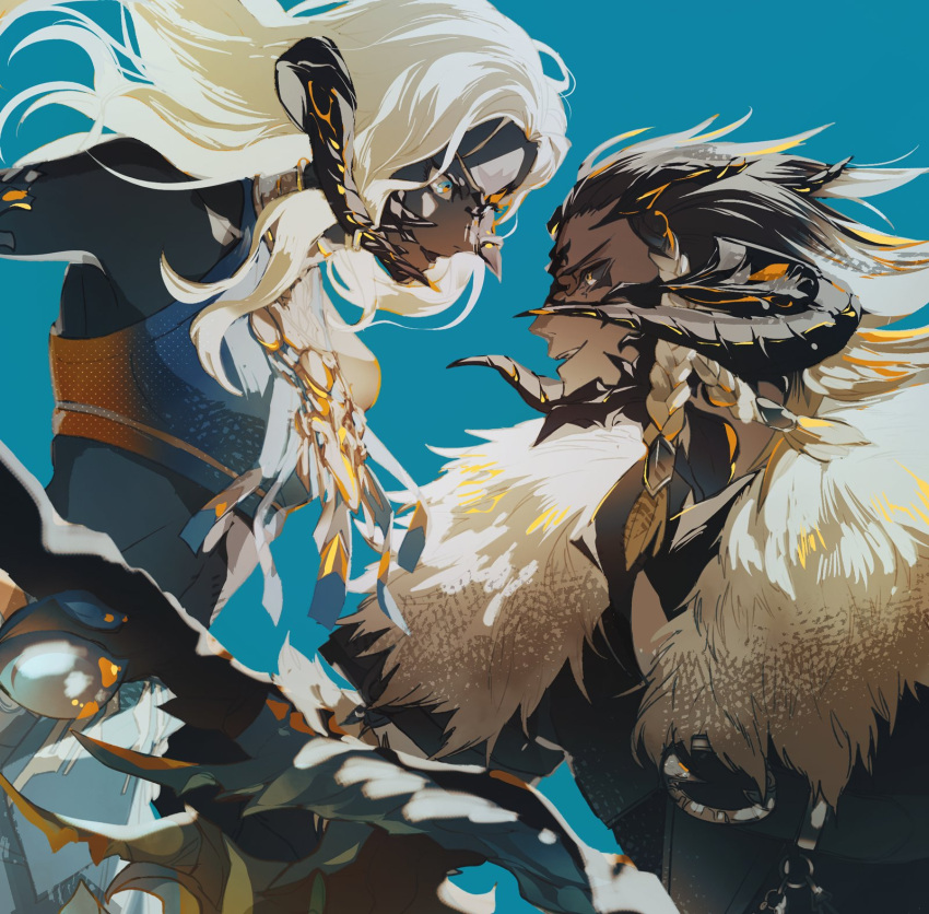 &gt;:) 1boy 1girl au_ra bare_shoulders black_hair black_sclera blonde_hair blue_background blue_eyes blue_shirt blue_skin braid colored_sclera colored_skin commentary crop_top curled_horns dragon_boy dragon_girl dragon_horns en_(enxxx) eye_contact final_fantasy final_fantasy_xiv floating_hair from_side fur_trim halterneck highres horns long_hair looking_at_another magnai_oronir multicolored_hair open_mouth profile sadu_dotharl scales shirt short_hair side_braids smile spiky_hair streaked_hair upper_body v-shaped_eyebrows white_hair yellow_eyes