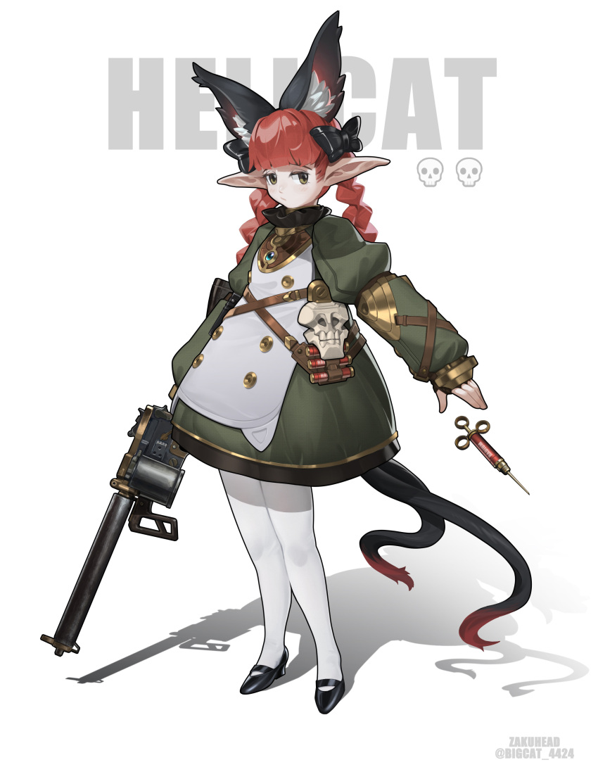 1girl :/ absurdres adapted_costume alternate_costume animal_ear_fluff animal_ears bigcat_114514 black_bow bow braid cat_ears cat_tail dress extra_ears gold_trim gun hair_bow highres holding holding_gun holding_weapon kaenbyou_rin looking_at_viewer multiple_tails pantyhose pointy_ears redhead rifle shoes solo standing tail touhou twin_braids weapon white_pantyhose