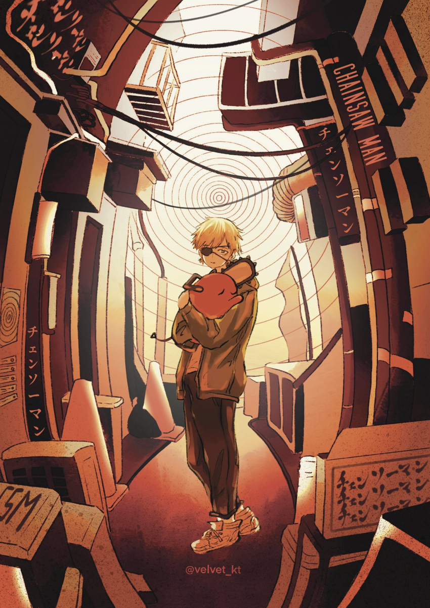 1boy blonde_hair carrying chainsaw chainsaw_man denji_(chainsaw_man) eyepatch highres hug jacket looking_at_viewer open_clothes open_jacket pochita_(chainsaw_man) sad shoes short_hair sleeping sneakers spiral traffic_cone twitter_username velvet_kt wire
