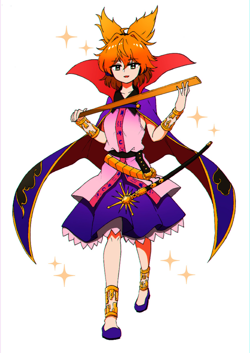 1girl :d absurdres anklet belt blue_footwear bracelet bright_pupils brown_eyes brown_hair cape commentary dress full_body gurajio highres jewelry looking_at_viewer open_mouth pink_dress pointy_hair purple_cape purple_skirt ritual_baton simple_background skirt sleeveless smile solo star_(symbol) sword symbol-only_commentary touhou toyosatomimi_no_miko weapon white_background white_pupils