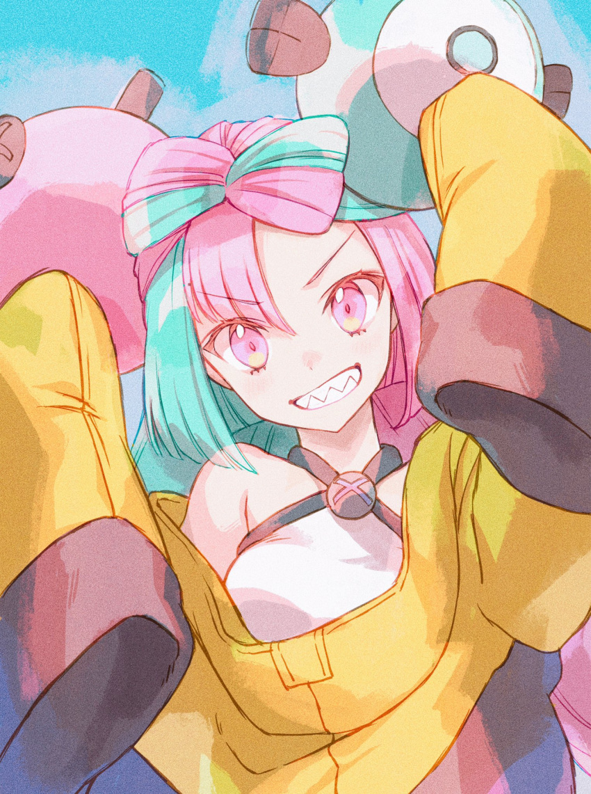 1girl bangs blue_background character_hair_ornament commentary_request green_hair grin hair_ornament head_tilt highres iono_(pokemon) jacket long_hair looking_at_viewer pink_eyes pink_hair pokemon pokemon_(game) pokemon_sv sharp_teeth shirt sleeveless sleeveless_shirt sleeves_past_fingers sleeves_past_wrists smile solo teeth upper_body white_shirt yamori_(stom) yellow_jacket