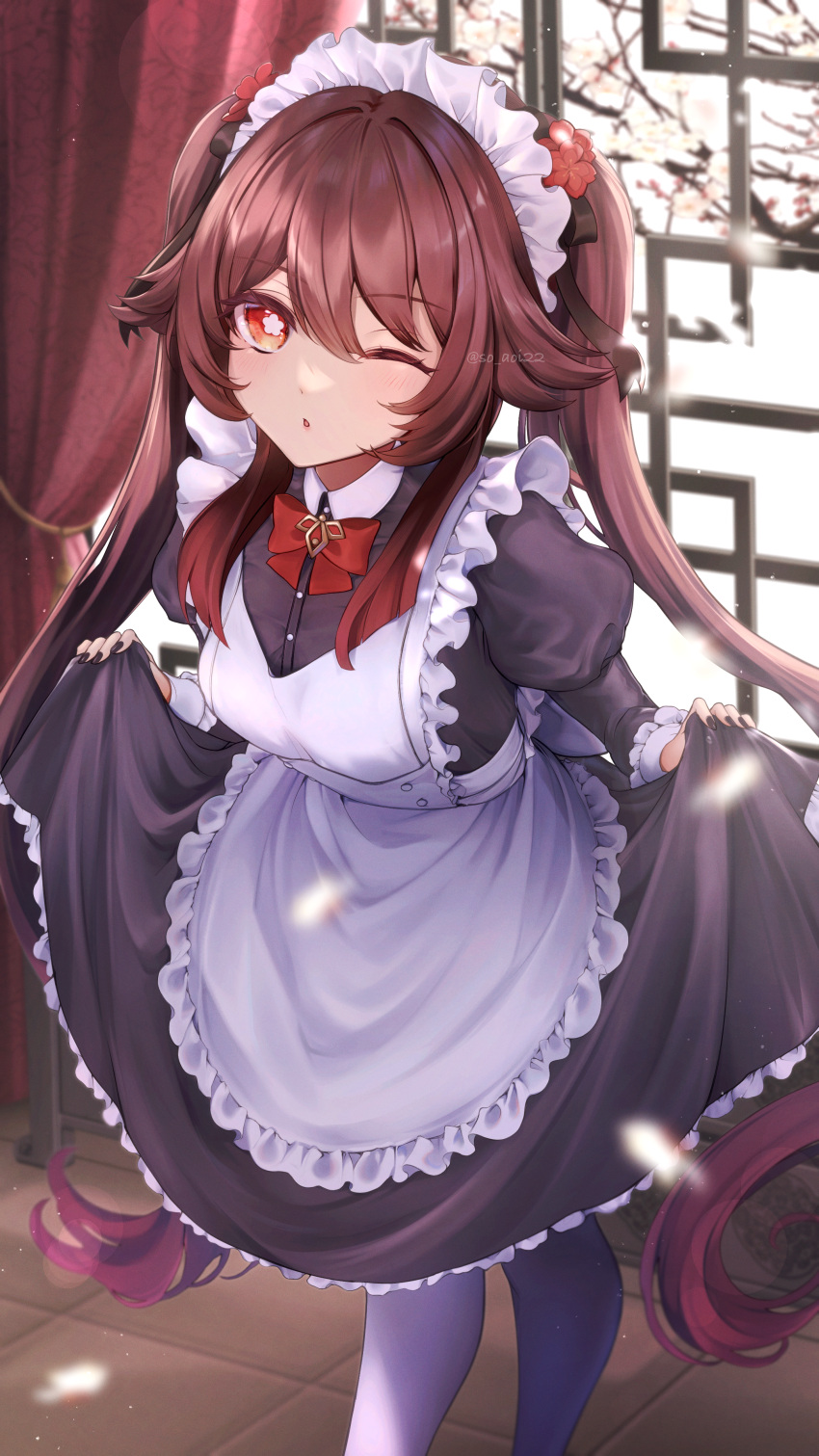 1girl absurdres alternate_costume apron asahi_(vjss4548) bangs black_dress black_ribbon bow bowtie breasts brown_hair curtains dress enmaided feet_out_of_frame flower flower-shaped_pupils genshin_impact gradient_hair hair_flaps hair_flower hair_ornament hair_ribbon highres hu_tao_(genshin_impact) indoors long_hair looking_at_viewer maid maid_apron medium_breasts multicolored_hair one_eye_closed pantyhose parted_lips red_bow red_bowtie red_eyes red_flower redhead ribbon sidelocks skirt_hold solo symbol-shaped_pupils tile_floor tiles twintails twitter_username very_long_hair white_apron white_pantyhose